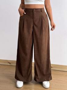 Flirla Plus Size High Waisted Brown Corduroy Palazzo Pants For Women, Loose Casual Trousers For Fall/Winter - Brown - View 1