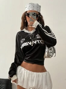 SHEIN EZwear 女孩秋冬款 Blockcore 运动休闲图案 V 领 Polo T 恤 - 黑色 - 查看 4
