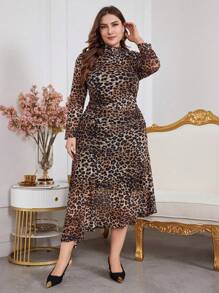 Modelyn Plus Size Women's Stand Collar Long Sleeve Leopard Print Long Elegant Dress, Elegant A Line Dresses, For Evening Party/Wedding Guest/Anniversary Long Evening Dresses - Multicolor - View 3