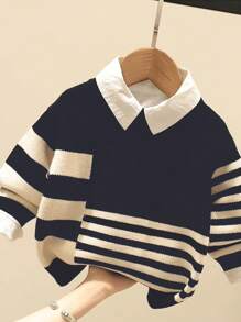 Kids Clothes Casual Style Striped Pattern Comfortable Round Neck Long Sleeve Sweater For Boys, Suitable For Commute, School, Home, Leisure, Street Photography, Party, Outdoor Play - Multicolor - View 1