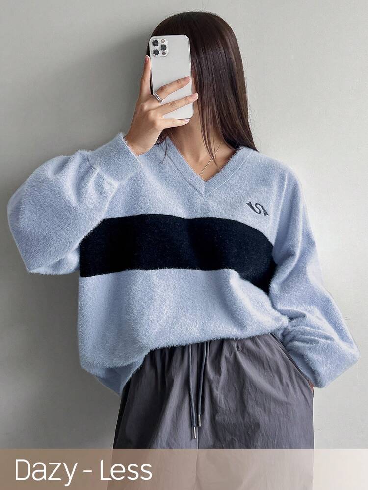 Women's Color Block Embroidered Letter Pullover Sweater,Fall Clothes