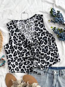 Soleia Áo ba lỗ in họa tiết nhiệt đới cổ chữ V thắt nút tay chuông WYWF dành cho nữ đi nghỉ - Nhiều màu - Xem 1