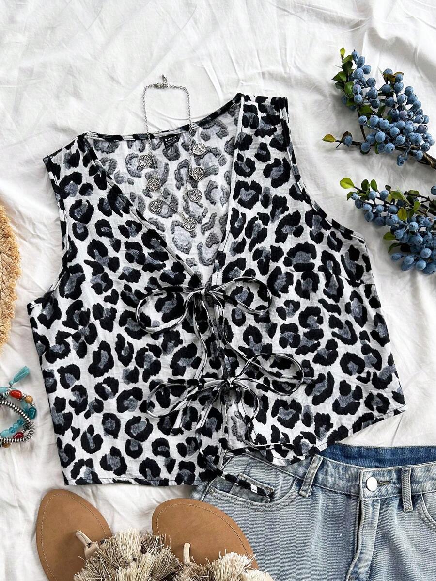 Soleia Áo ba lỗ in họa tiết nhiệt đới cổ chữ V thắt nút tay chuông WYWF dành cho nữ đi nghỉ - Nhiều màu - Xem 1