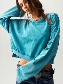 Bohemela Women's Casual Solid Color Knit Dropped Shoulder Loose Fit Sweatshirt - Mint Green - View 8