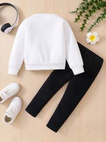 SHEIN 2 piezas/Set Niña joven Cómodo cuello redondo manga larga sudadera y pantalones de unicolor