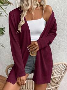 Chiquease Áo len cardigan dài tay màu trơn thường ngày cho nữ - Màu Đỏ Sâu - Xem 1