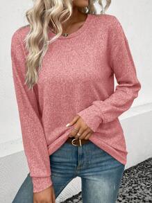 SHEIN LUNE Women's Solid Color Crew Neck Dropped Shoulder Long Sleeve Loose Casual T-Shirt - Watermelon Pink - View 3