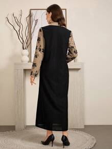 Al Najma Váy nhung kẻ hoa chắp vá cho nữ, váy dài sơ mi thường ngày, trang phục Maxi thường ngày/mặc ở nhà cho nữ - Màu Khaki - Xem 2