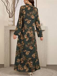 Al Najma Vestido elegante de estilo árabe con estampado floral, cuello en V y manga larga, vestido maximodesto de línea A, para uso casual diario/en casa/al aire libre