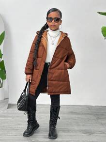 SHEIN Tween Girl Long Hooded Cardigan, Fall/Winter - Mocha Brown - View 1