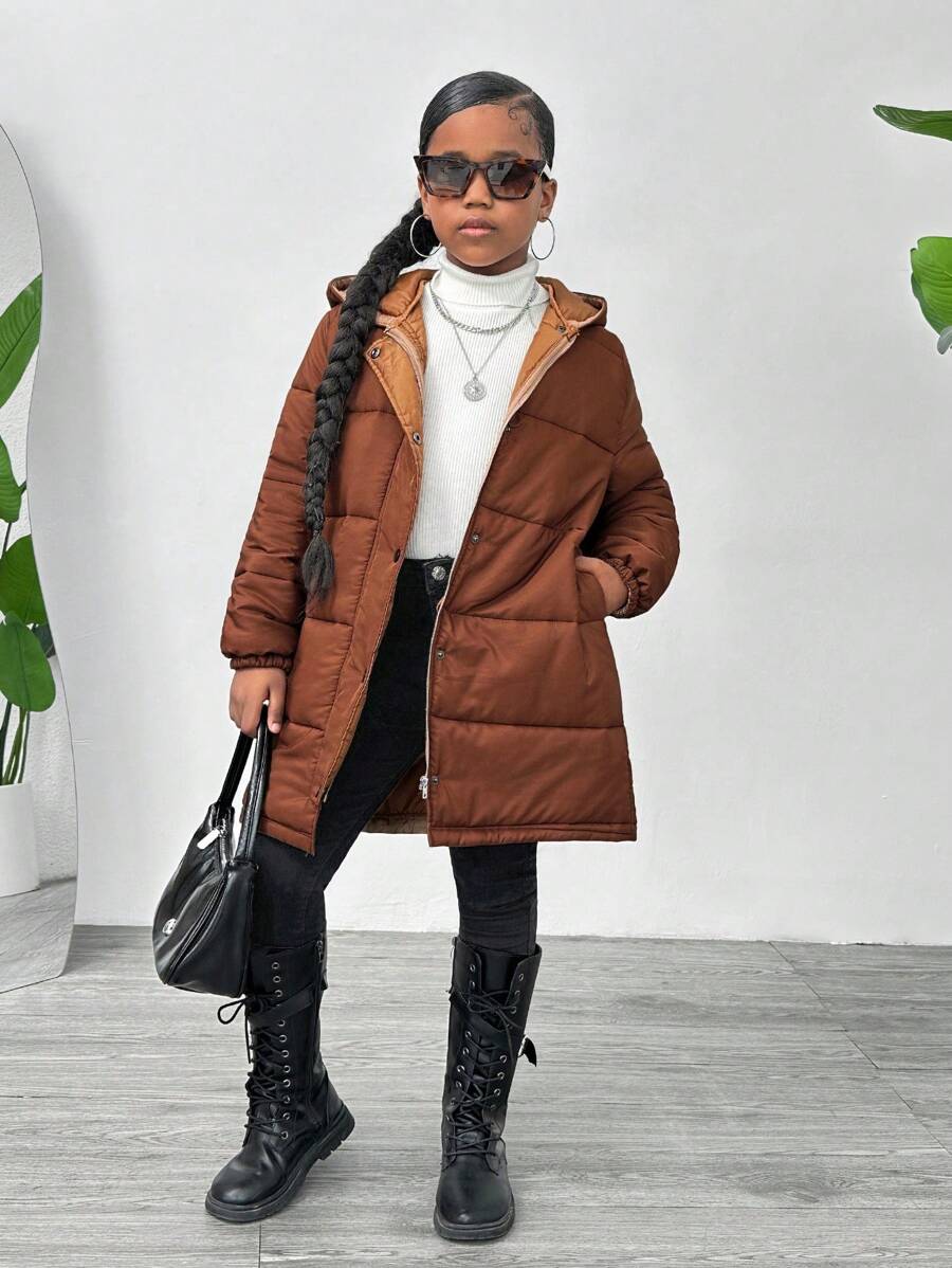 SHEIN Tween Girl Long Hooded Cardigan, Fall/Winter - Mocha Brown - View 1