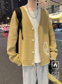 Claim Dot Men's Graphic V-Neck Dropped Shoulder Casual Loose Cardigan, Fall/Winter - Apricot - View 5