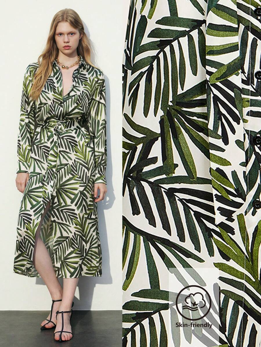 Maija 女士绿色热带植物印花长袖衬衫裙，度假 - 綠色 - 查看 1