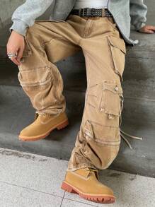 Manfinity EMRG Pantalones vaqueros informales de pierna ancha con bolsillos tipo cargo de corte holgado para hombre