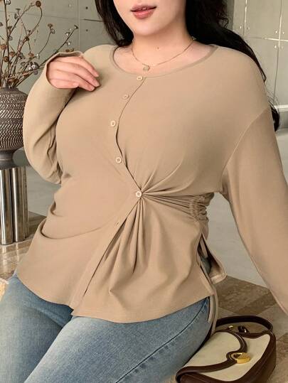 Dazy Plus Plus Size Women's Solid Color Pullover Loose Design Buttoned T-Shirt, Spring & Autumn Long Sleeve Women Tops,Fall Women Clothes