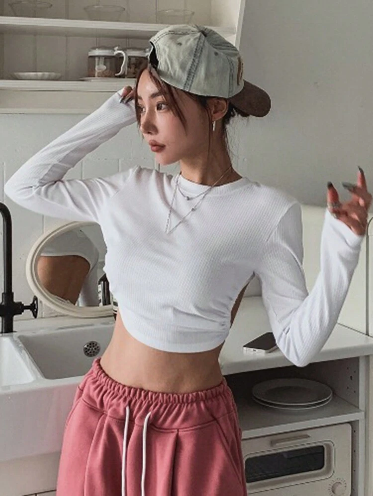 Women's Solid Color Round Neck Cropped Backless Long Sleeve T-Shirt, Spring & Fall