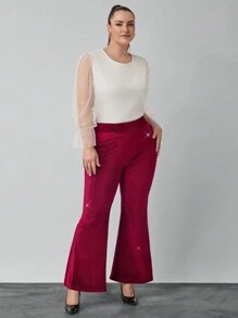 SHEIN Clasi Plus Size Women's Red Velvet Sparkly Flared Pants For Party - Burgundy - View 3