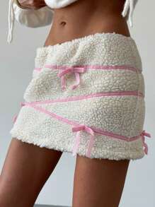 Aloruh Cute Blush Pink Bow Mini Skirt, Warm Autumn Winter For Women - Beige - View 6