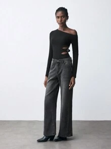 SHEIN Maija Quần Jeans Ống Rộng Lưng Thấp Thường Ngày Cho Nữ, Màu Đen - màu đen - Xem 3