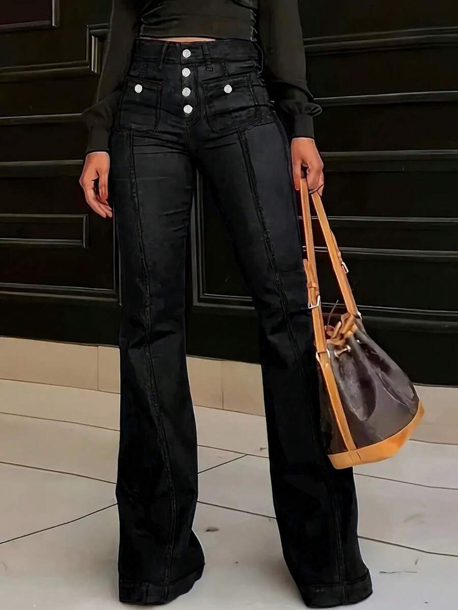 European And American Style New Mid-Waist Skinny Pocket Multi-Button Women's Jeans Flared Pants - 黑色 - 查看 1