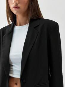 SHEIN Unity 女士休闲宽领长袖纯色西装外套，秋季 - 黑色 - 查看 6