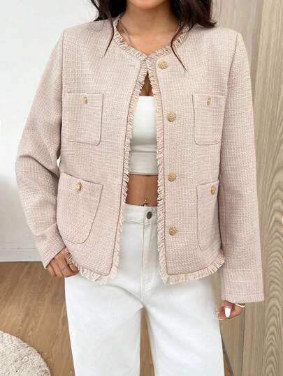 SHEIN EZwear 优雅纯色流苏粗花呢夹克，秋季