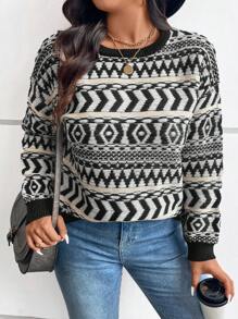 SHEIN LUNE Plus Size Jacquard Textured Round Neck Sweater,Black And White Floral Design Raised Patterns,Boho Autumn Winter Clothes,Western Woman Fall Tops - Multicolor - View 5