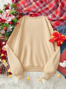 SHEIN Essnce 休闲简约圣诞猫印花圆领宽松厚款卫衣，女式长袖圣诞节，冬季 - 杏色 - 查看 2