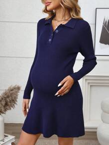 SHEIN Đầm bầu tay dài màu trơn thanh lịch cài nút nửa thân, thường ngày cho mùa đông - Xanh đậm - Xem 3