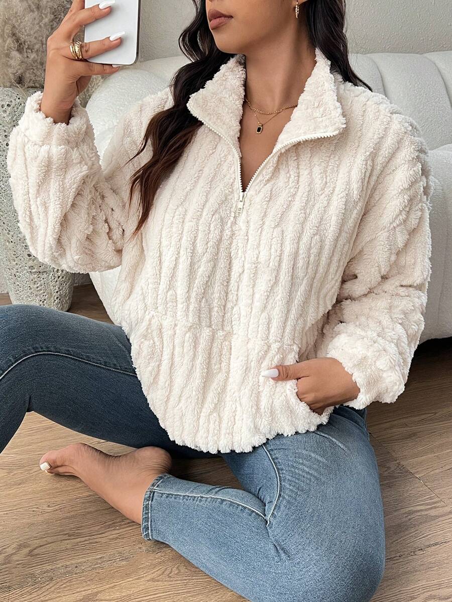 SHEIN Frenchy Plus Size Reversible Coral Fleece Sweatshirt, Autumn/Winter Fall - Apricot - View 1