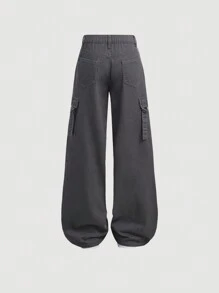 SHEIN Teen Girl Deep Grey Denim Low Waist Straight Leg Cargo Pants - Dark Grey - View 2