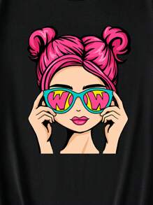 Tseoso Casual Cartoon Character Graphic Oversized Crew Neck Short Sleeve Loose T-Shirt For Women, Summer Pullover , Funny - Black - View 9