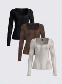 SHEIN BASICS 3pcs Casual Solid Color Square Neck Long Sleeve Fitted Ladies T-Shirts - Multicolor - View 1