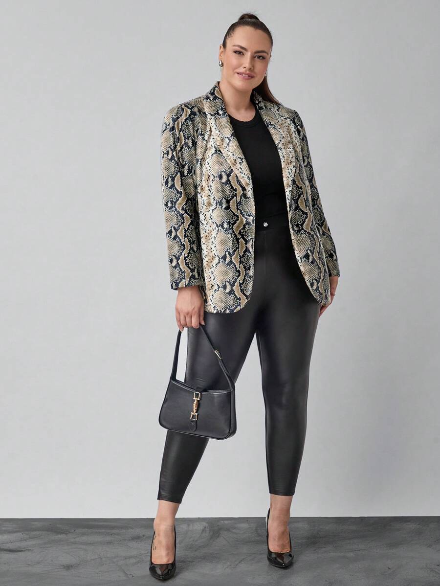 SHEIN Clasi Plus Size Women's Snakeskin Print Lapel Collar Long Sleeve Blazer - Multicolor - View 1