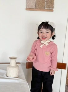 SHEIN 3 pièces Ensemble de hauts à manches longues avec col montant et broderie, style décontracté pour nouveau-nés et bébés filles, printemps automne