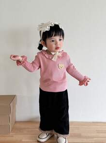 SHEIN 3 pièces Ensemble de hauts à manches longues avec col montant et broderie, style décontracté pour nouveau-nés et bébés filles, printemps automne