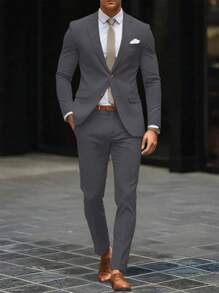 Manfinity Mode 2 件装男士纯色单排扣西装外套和长裤套装男士西装和长裤 - 深灰色 - 查看 6