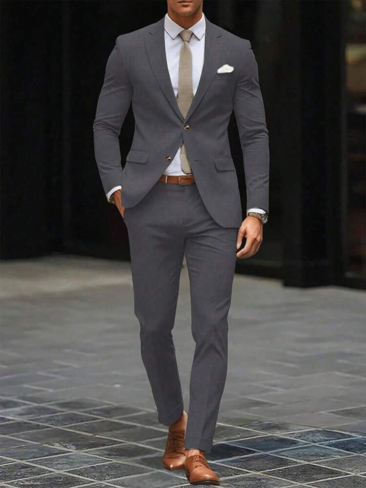 Manfinity Mode 2 Stücke Herren einfarbiger Anzug mit Sakko und Hose, Herrenanzug mit Hose - Dunkelgrau - Übersicht 6