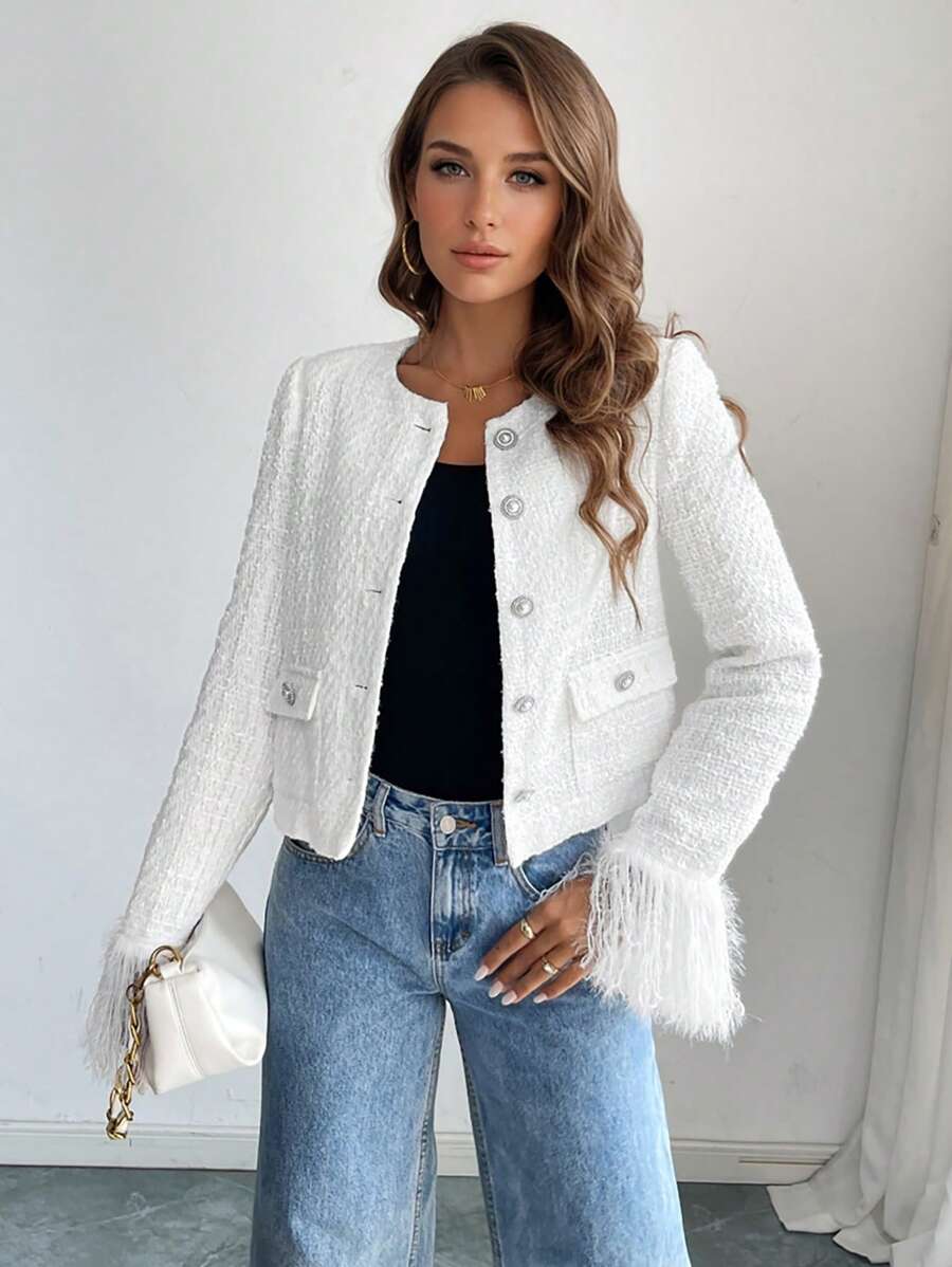 SHEIN Privé 女式白色长袖羽绒袖短款毛圈布夹克 - 白色 - 查看 1