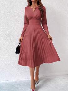Chiquease Abito lungo elegante con scollo a V, plissettato, a maniche lunghe, monocromatico, da donna