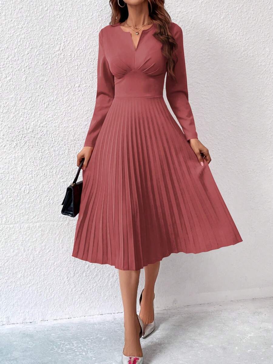 Chiquease Abito lungo elegante con scollo a V, plissettato, a maniche lunghe, monocromatico, da donna