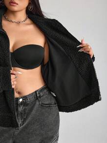 SHEIN ICON ICON Plus Size Women's Black Sherpa Fleece Jacket With Pockets And Lapel Collar - Black - View 7