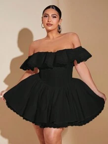 SHEIN BAE Vestido elegante plisado con hombros descubiertos y encaje fruncido en talla grande, vestido de línea A de unicolor con mangas de pétalos de encaje, vestido para invitada de boda de otoño, vestido de graduación, vestido de cumpleaños para mujer, vestido de fiesta - Negro - Ver 6