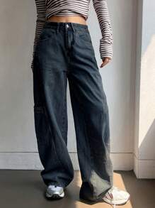 DAZY Dames effen zakje casual losse rechte pijp jeans