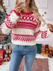 SHEIN LUNE Women's Round Neck Raglan Sleeve Long Sleeve Knit Sweater - Red - View 2