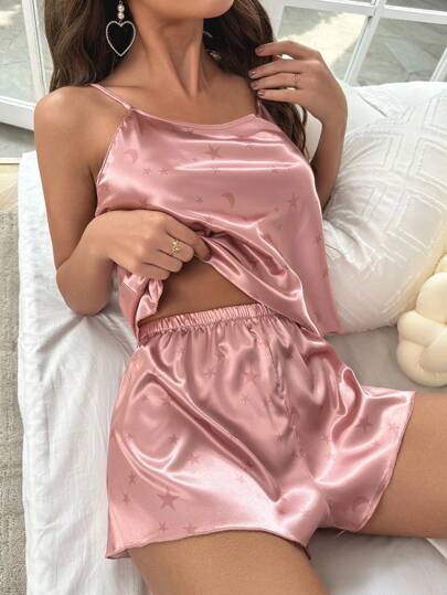 ZzzCrew Conjunto de pijama con top de tirantes de satén y pantalones cortos con estampado de galaxia