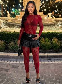 VaVaBold Fashionable Sheer Mesh Solid Color Sexy Long Sleeve Jumpsuit - Burgundy - View 1