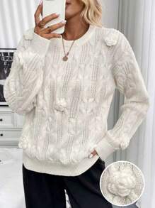 SHEIN Unity Women's Oversized Floral Embellished Dropped Shoulder Crew Neck Sweater For Autumn And Winter, Knit Pullover Fall - Apricot - View 3