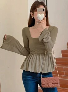 DAZY Women's Solid Color Square Collar Ruffle Hem Long Sleeve T-Shirt - Brown - View 2