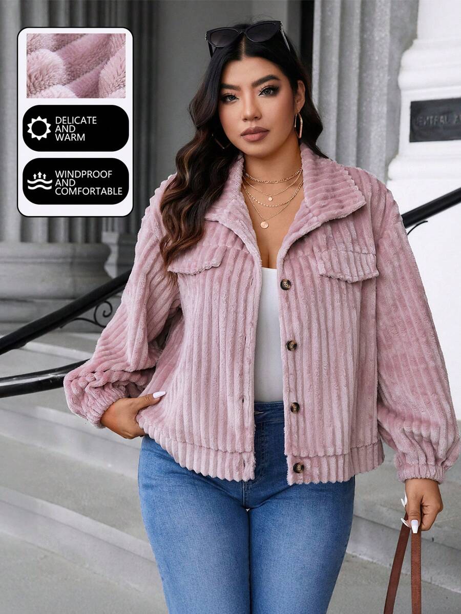 Celure Plus Size Single-Sided Rib Knit Mock Neck Warm Jacket